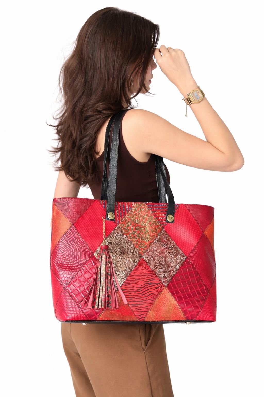 Bolso Amplio en Cuero Patchwork con Borla Aurora - NC-B022 - Image 2